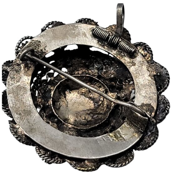 Faux Turquoise Silver Plated Brooch Pendant Blue Glass Filigree Setting Vintage - Picture 14 of 16